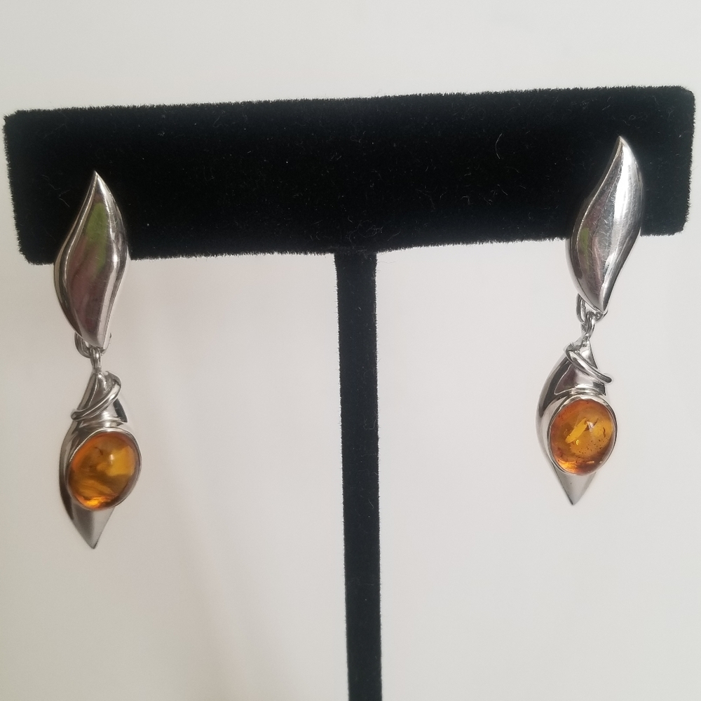 Unique High Shine Non Tarnish 925 Sterling Silver Natural Amber Earrings Jewelry